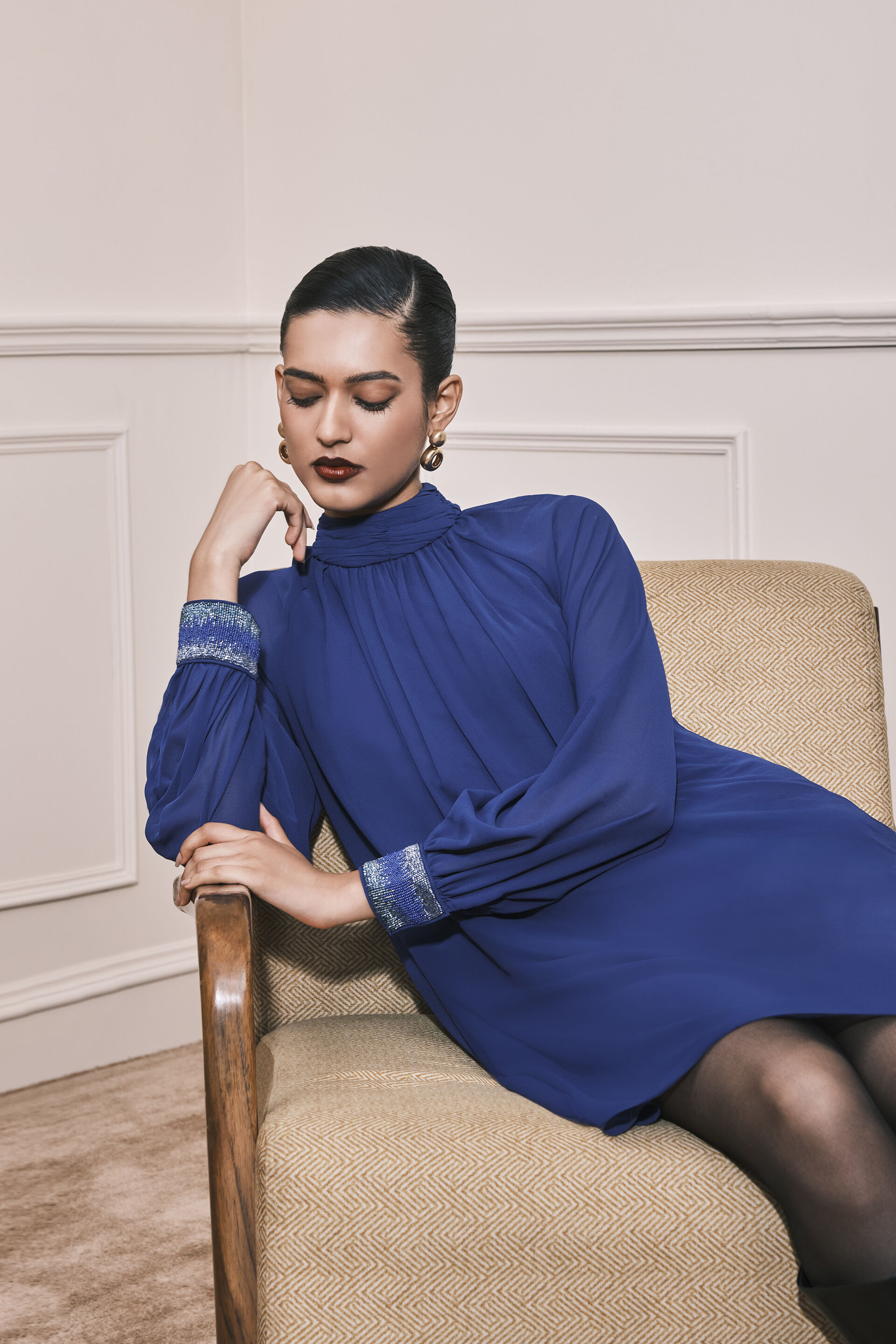 Candelabra Shimmer Georgette Dress, Blue, image 5